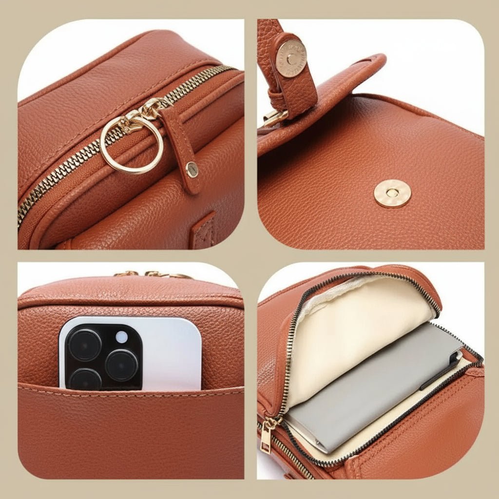 Anti-Theft Leather Crossbody Bag - Compact Square Design
