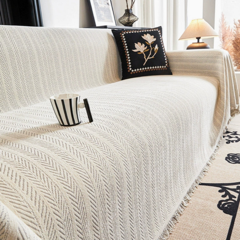 Herringbone Chenille Couch Cover with Tassel Trim