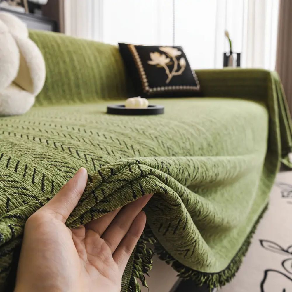 Herringbone Chenille Couch Cover with Tassel Trim