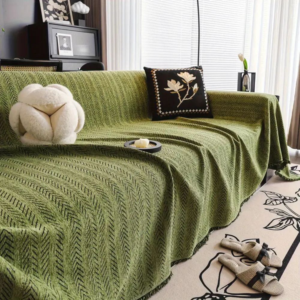 Herringbone Chenille Couch Cover with Tassel Trim