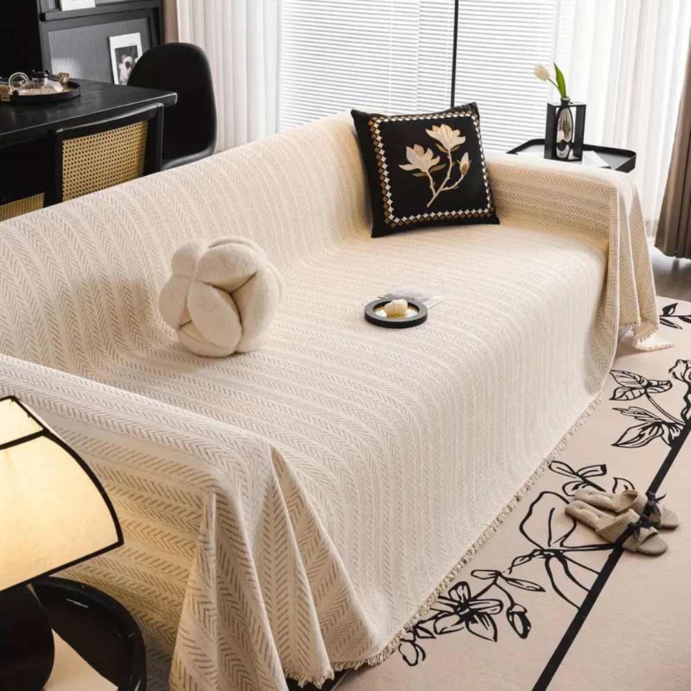 Herringbone Chenille Couch Cover with Tassel Trim