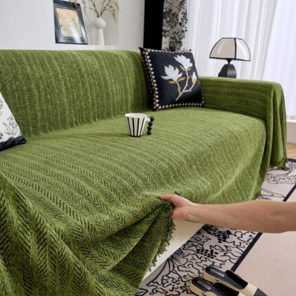 Herringbone Chenille Couch Cover with Tassel Trim