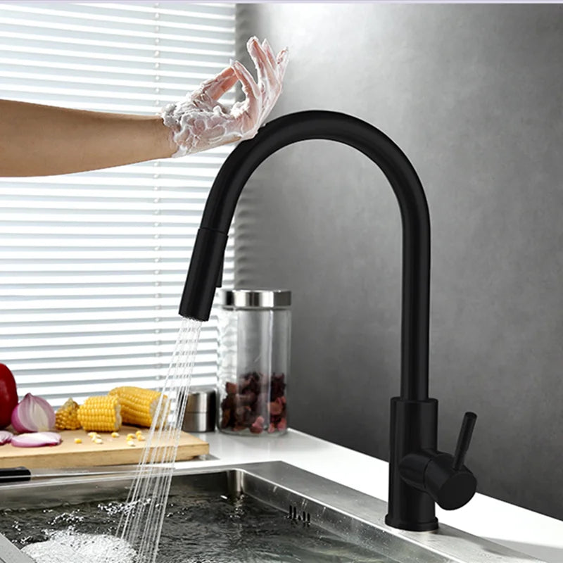 Touchless Sensor Pull-Out Kitchen Tap, Modern Brass Faucet