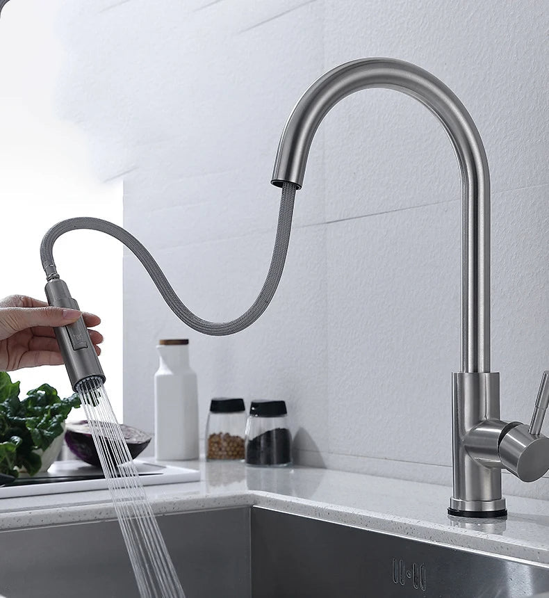 Touchless Sensor Pull-Out Kitchen Tap, Modern Brass Faucet