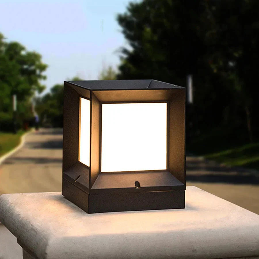 Modern Outdoor Post Light - Black Cube Pillar Lamp