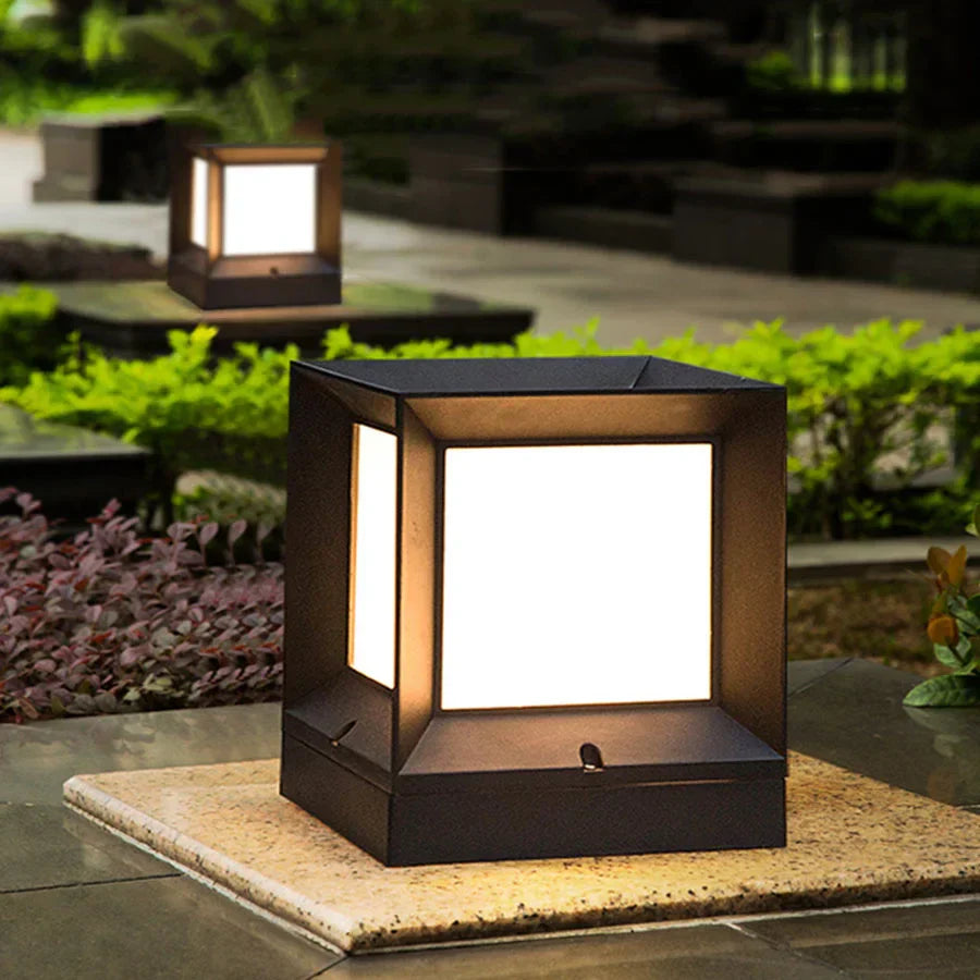 Modern Outdoor Pillar Light - Black Frame, White Diffuser