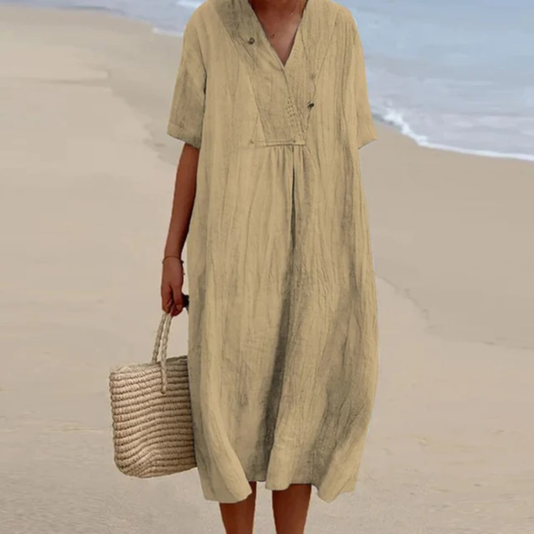 Summer Linen Midi Dress | V-Neck Loose Fit