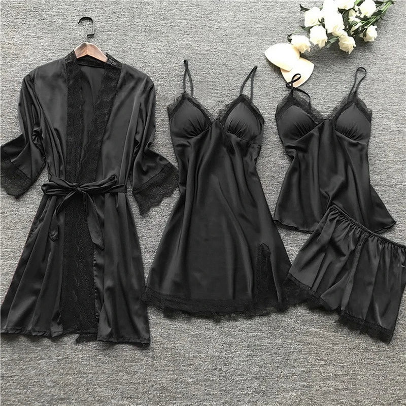 Luxury Silk Sleepwear Set | Lace Trim Kimono, Cami & Shorts