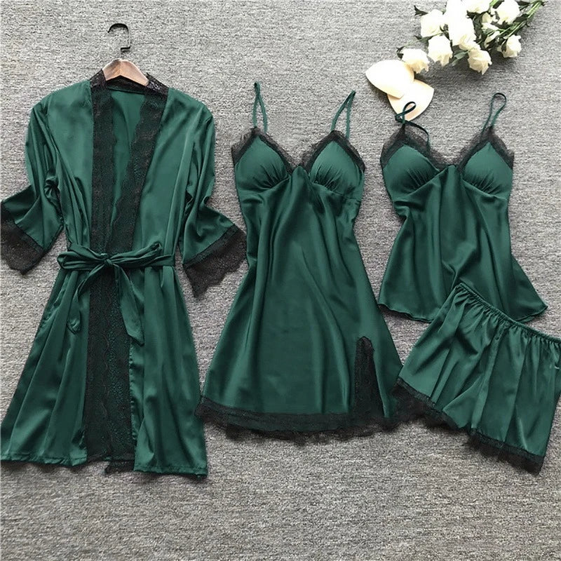 Luxury Silk Sleepwear Set | Lace Trim Kimono, Cami & Shorts