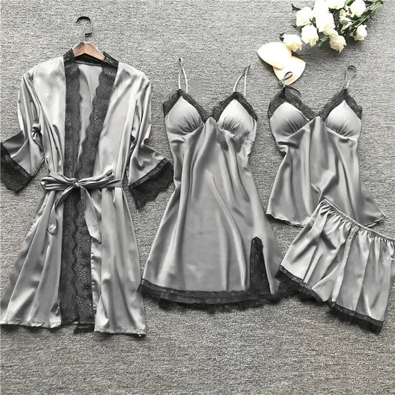Luxury Silk Sleepwear Set | Lace Trim Kimono, Cami & Shorts