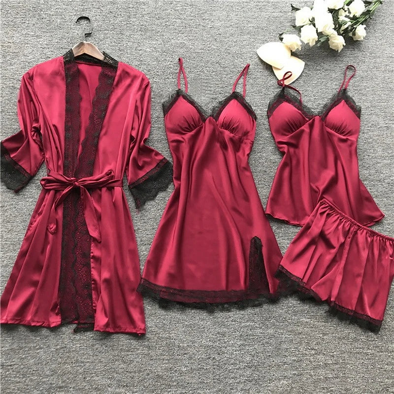 Luxury Silk Sleepwear Set | Lace Trim Kimono, Cami & Shorts