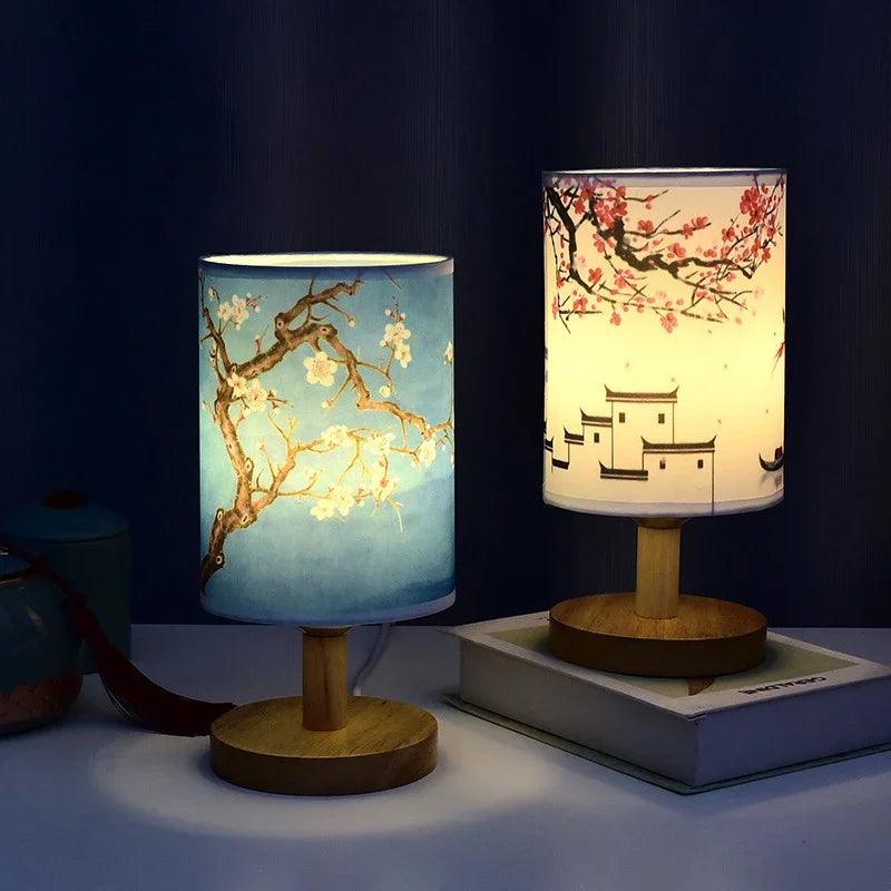 Japanese Cherry Blossom Table Lamp with Wood Base