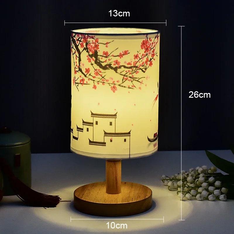 Japanese Cherry Blossom Table Lamp with Wood Base