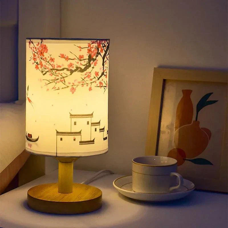 Japanese Cherry Blossom Table Lamp with Wood Base