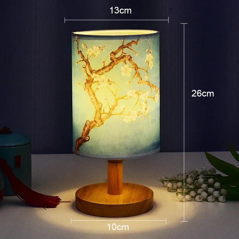 Japanese Cherry Blossom Table Lamp with Wood Base