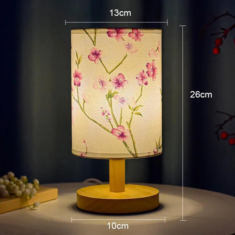 Japanese Cherry Blossom Table Lamp with Wood Base