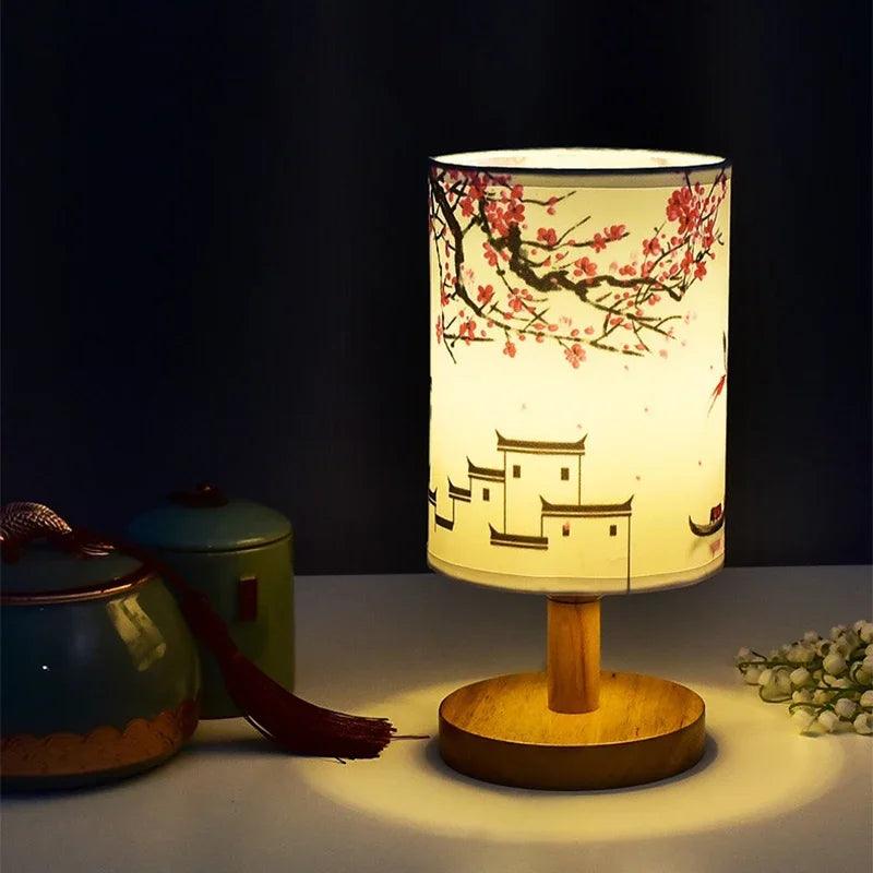 Japanese Cherry Blossom Table Lamp with Wood Base