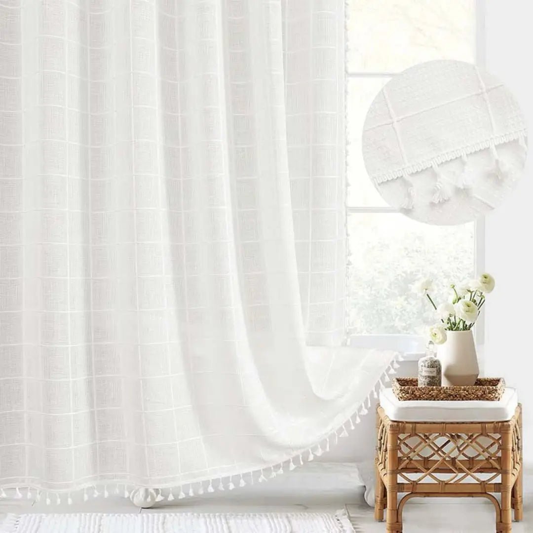 Linen Shower Curtain | Boho Tassel Farmhouse Design