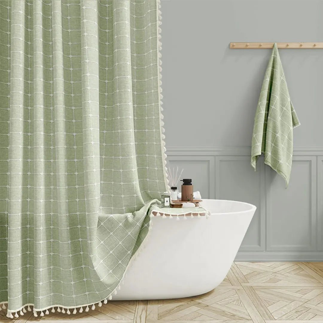 Linen Shower Curtain | Boho Tassel Farmhouse Design