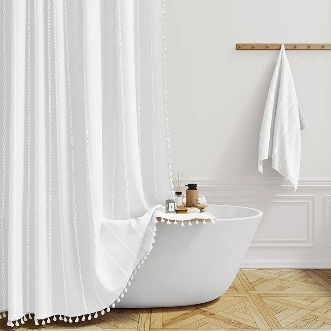 Linen Shower Curtain | Boho Tassel Farmhouse Design