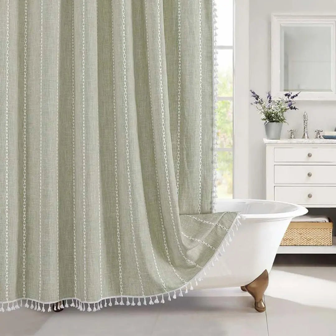 Linen Shower Curtain | Boho Tassel Farmhouse Design