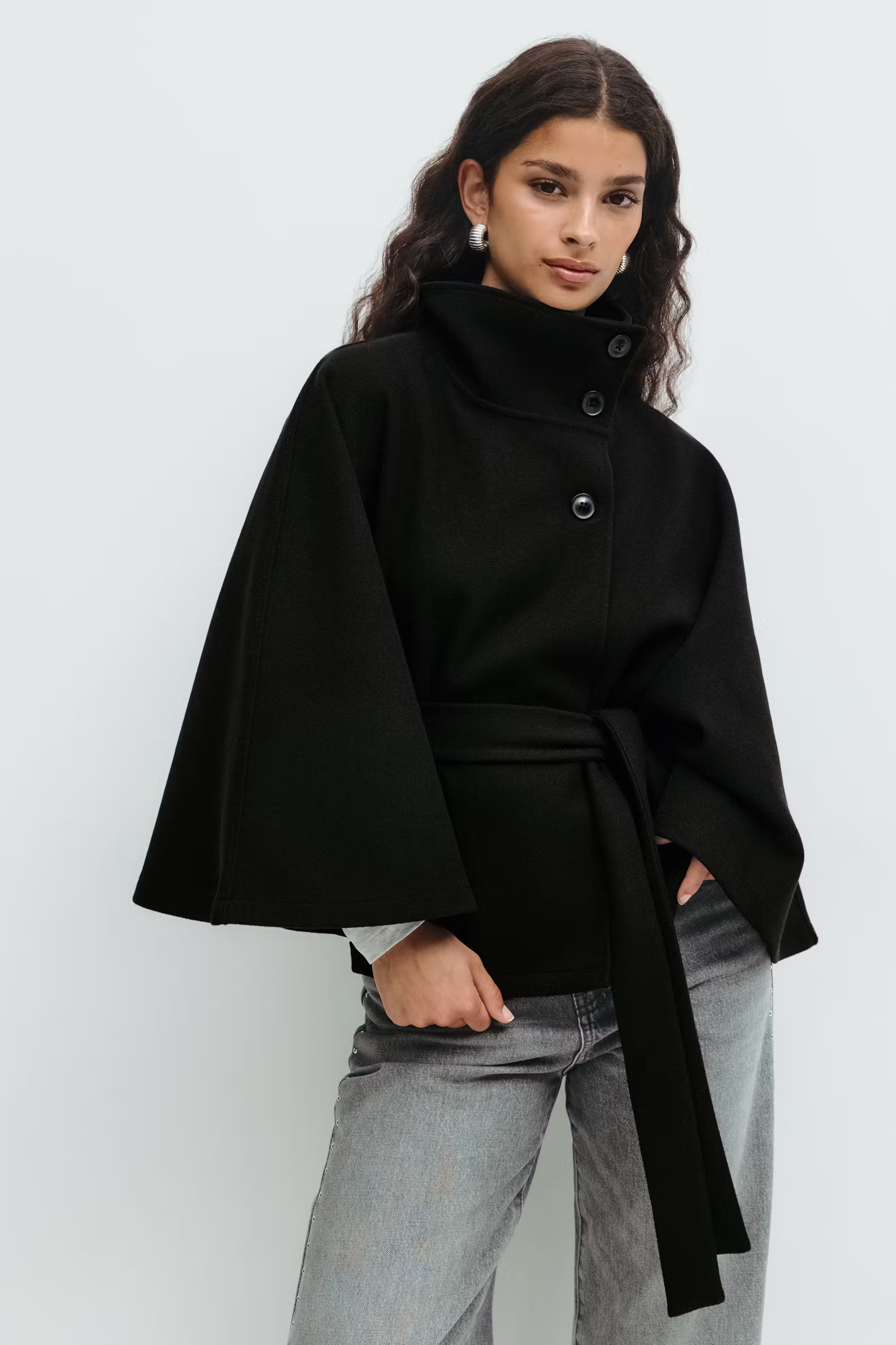 Women's Cape Coat | High Collar Button-Front Design