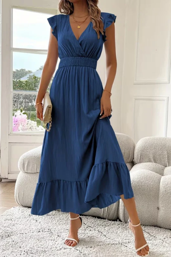 Deep V-Neck Ruffle Sleeve Maxi Dress for Summer Elegance