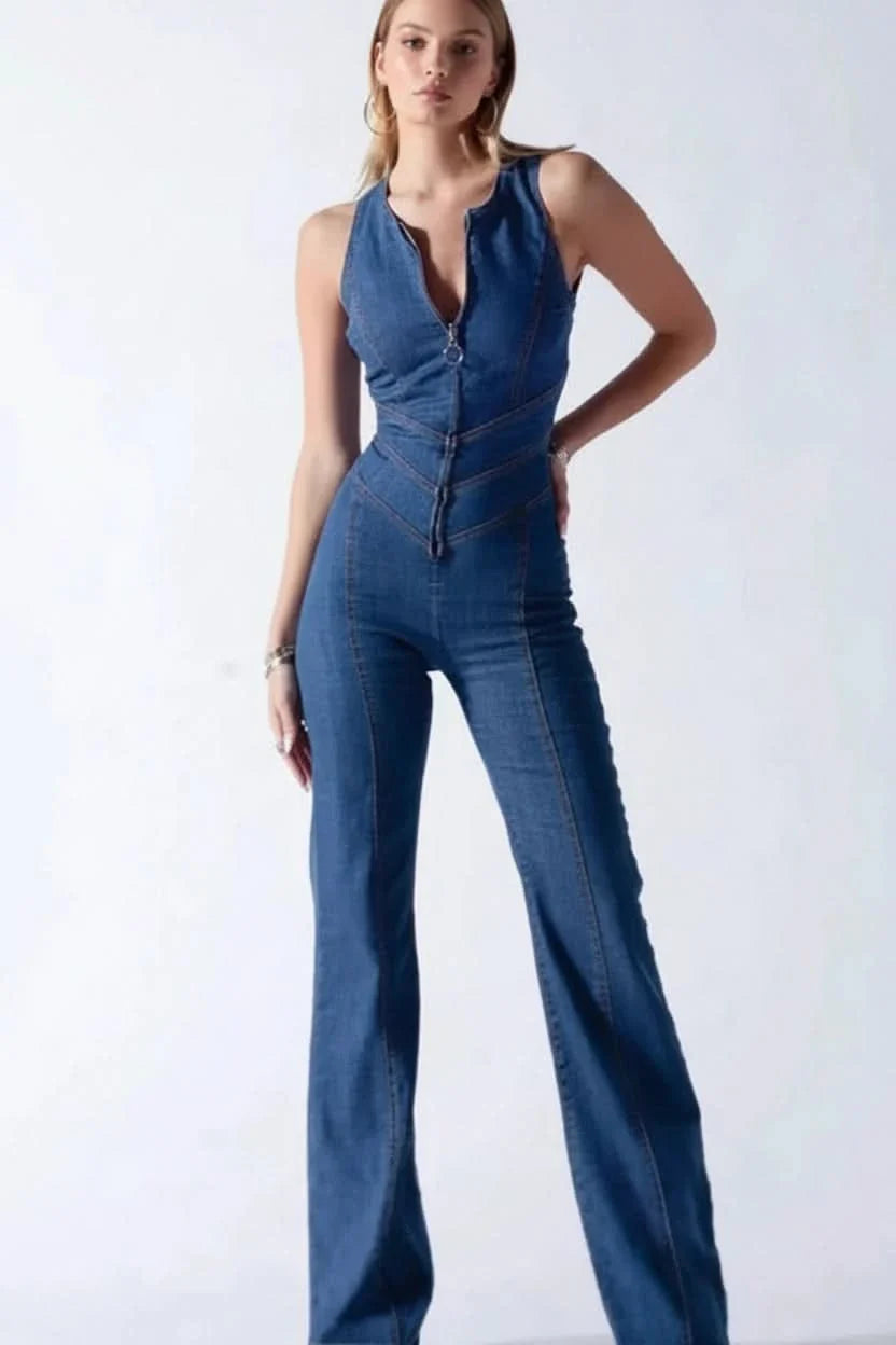 Sleek Deep V-Neck Jumpsuit with Flared Legs