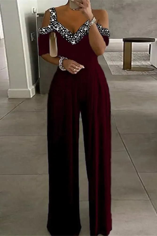 Glam Rhinestone Jumpsuit with High-Waist Fit