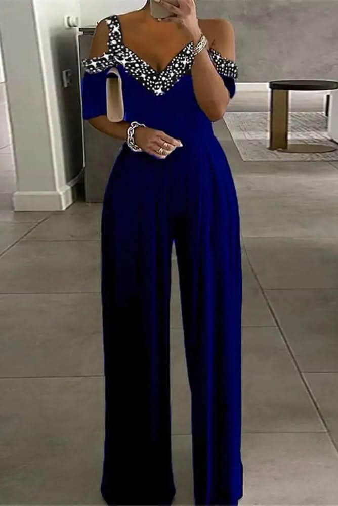 Glam Rhinestone Jumpsuit with High-Waist Fit