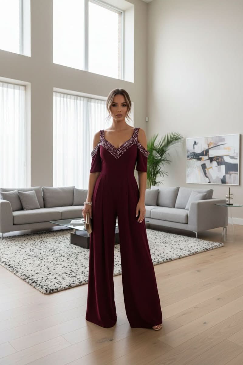Glam Rhinestone Jumpsuit with High-Waist Fit