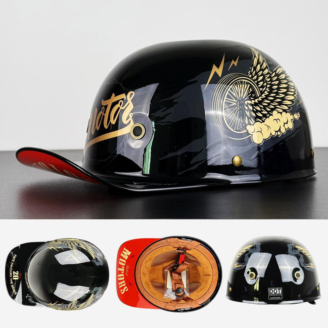 Motorcycle Baseball Cap Helmet - Half Helmet with Golden Wings