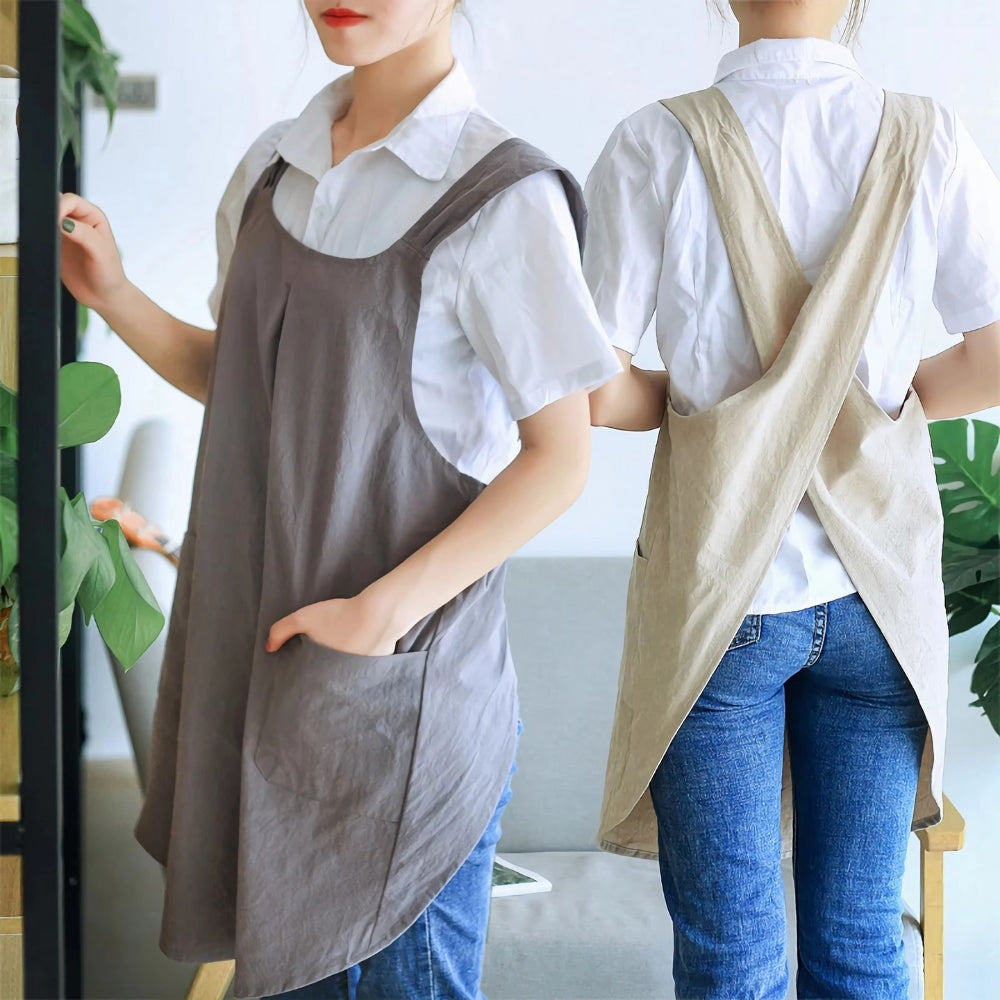 Korean-Inspired Cross-Back Apron Dress, Cotton Linen