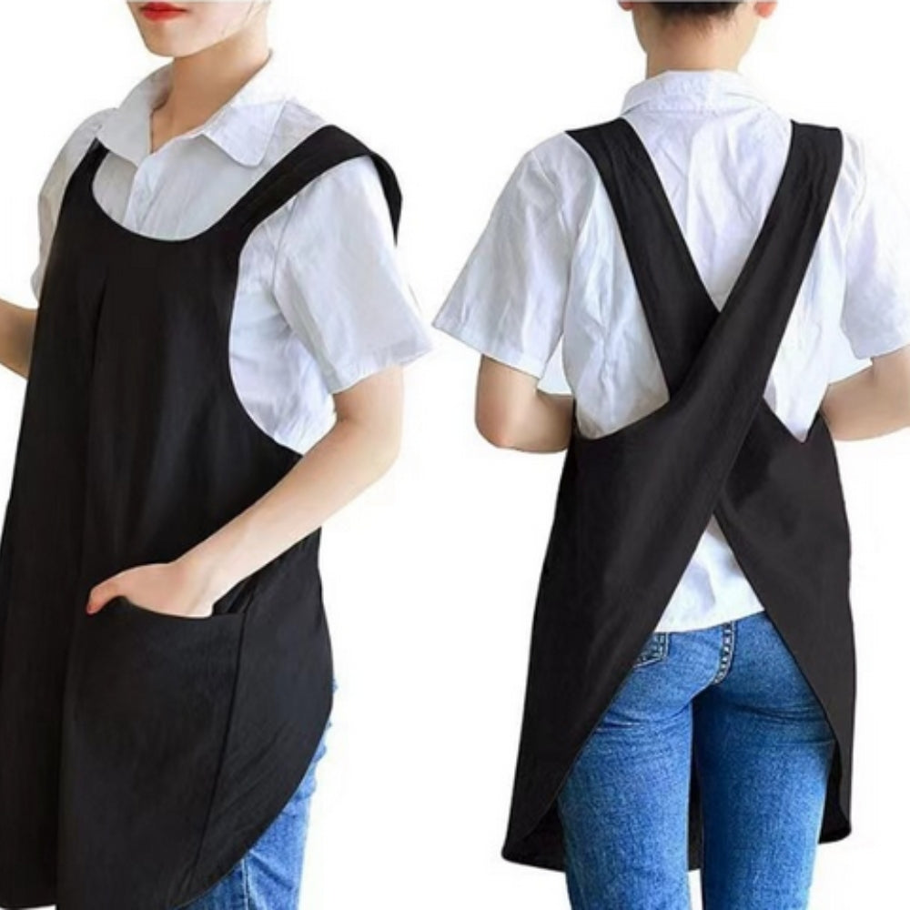 Korean-Inspired Cross-Back Apron Dress, Cotton Linen