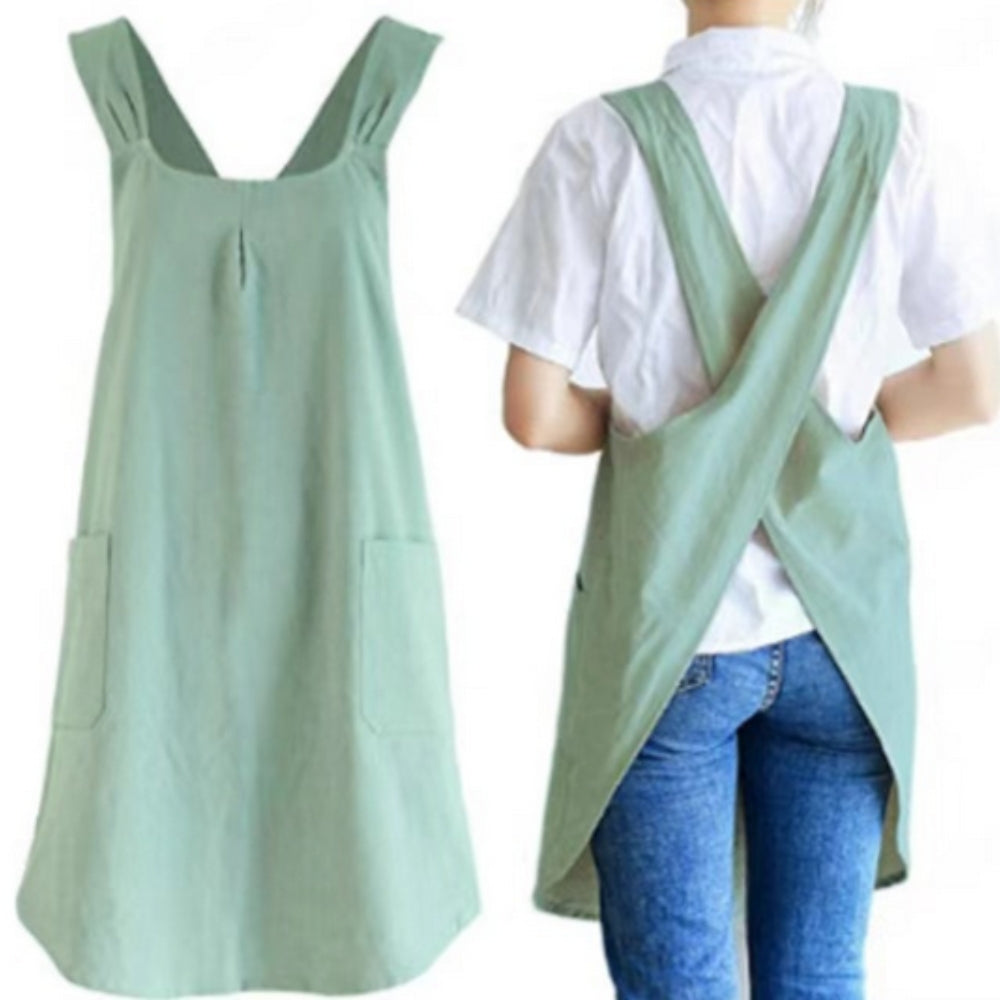 Korean-Inspired Cross-Back Apron Dress, Cotton Linen