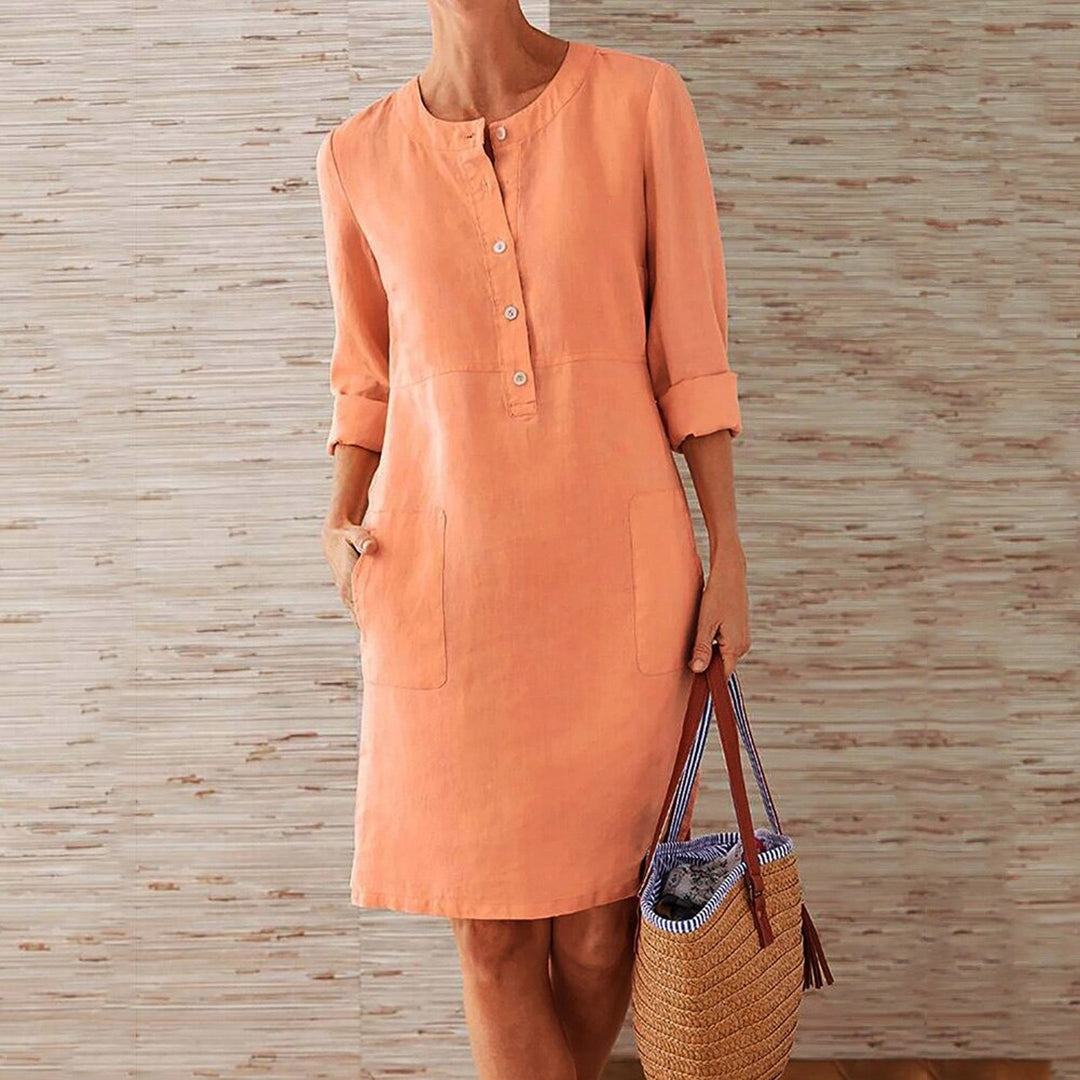 Linen Summer Shift Dress - Button-Front Roll-Up Sleeves