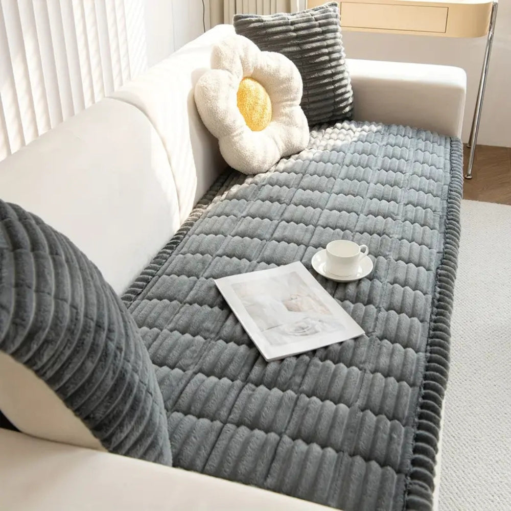 Plush Pleated Edge Couch Cover - Flannel Sofa Throw