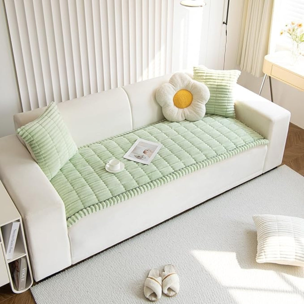 Plush Pleated Edge Couch Cover - Flannel Sofa Throw