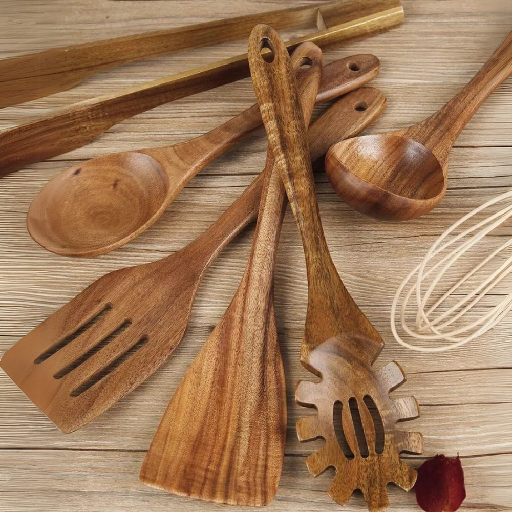 Premium Teak Wood Cooking Utensils, 7-Piece Set