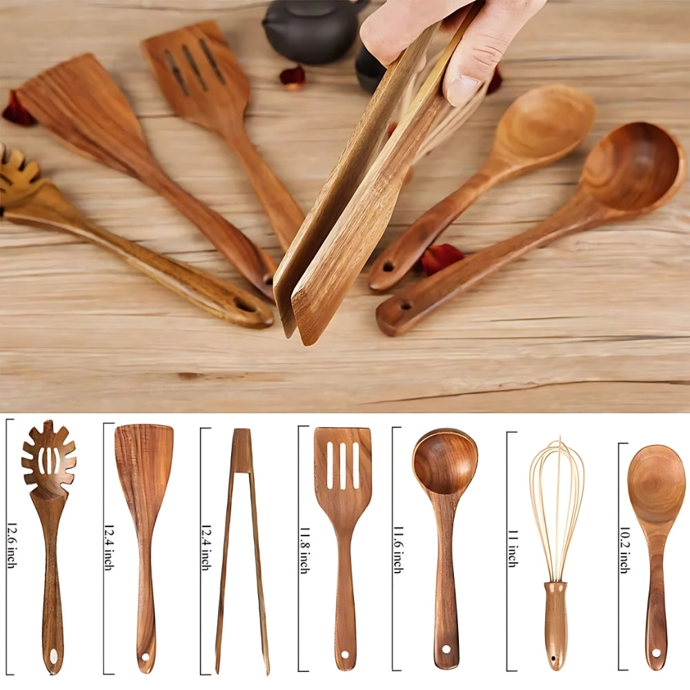 Premium Teak Wood Cooking Utensils, 7-Piece Set