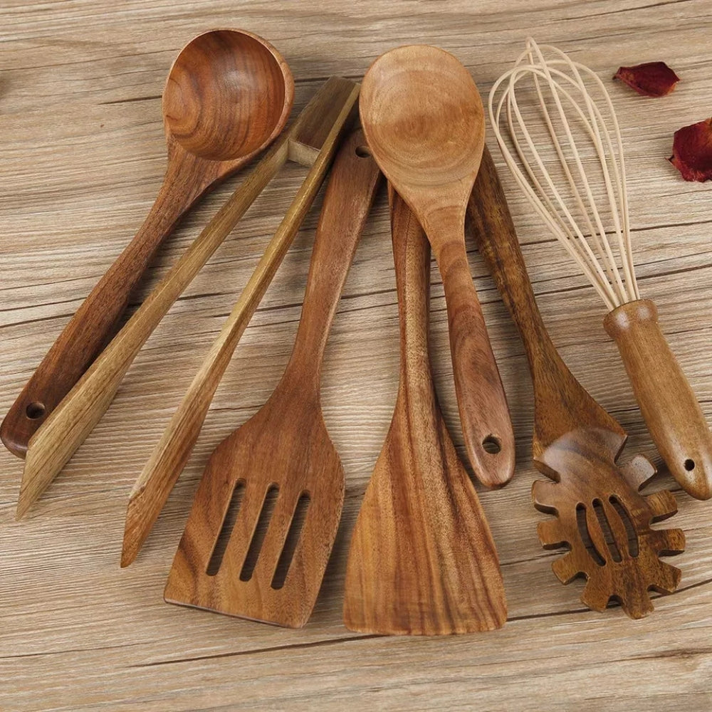 Premium Teak Wood Cooking Utensils, 7-Piece Set