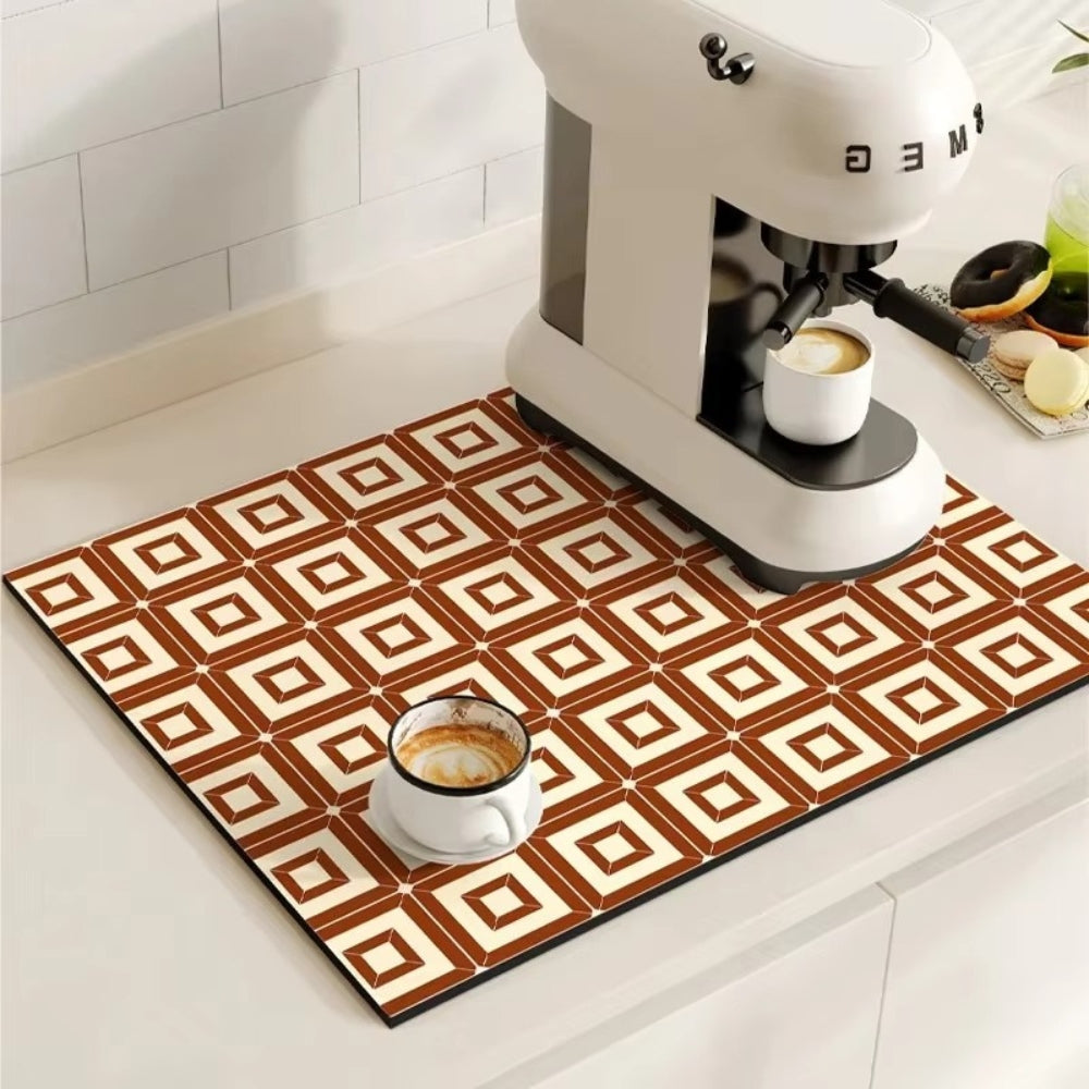 Retro Tile Coffee Bar Drying Mat - Absorbent & Non-Slip