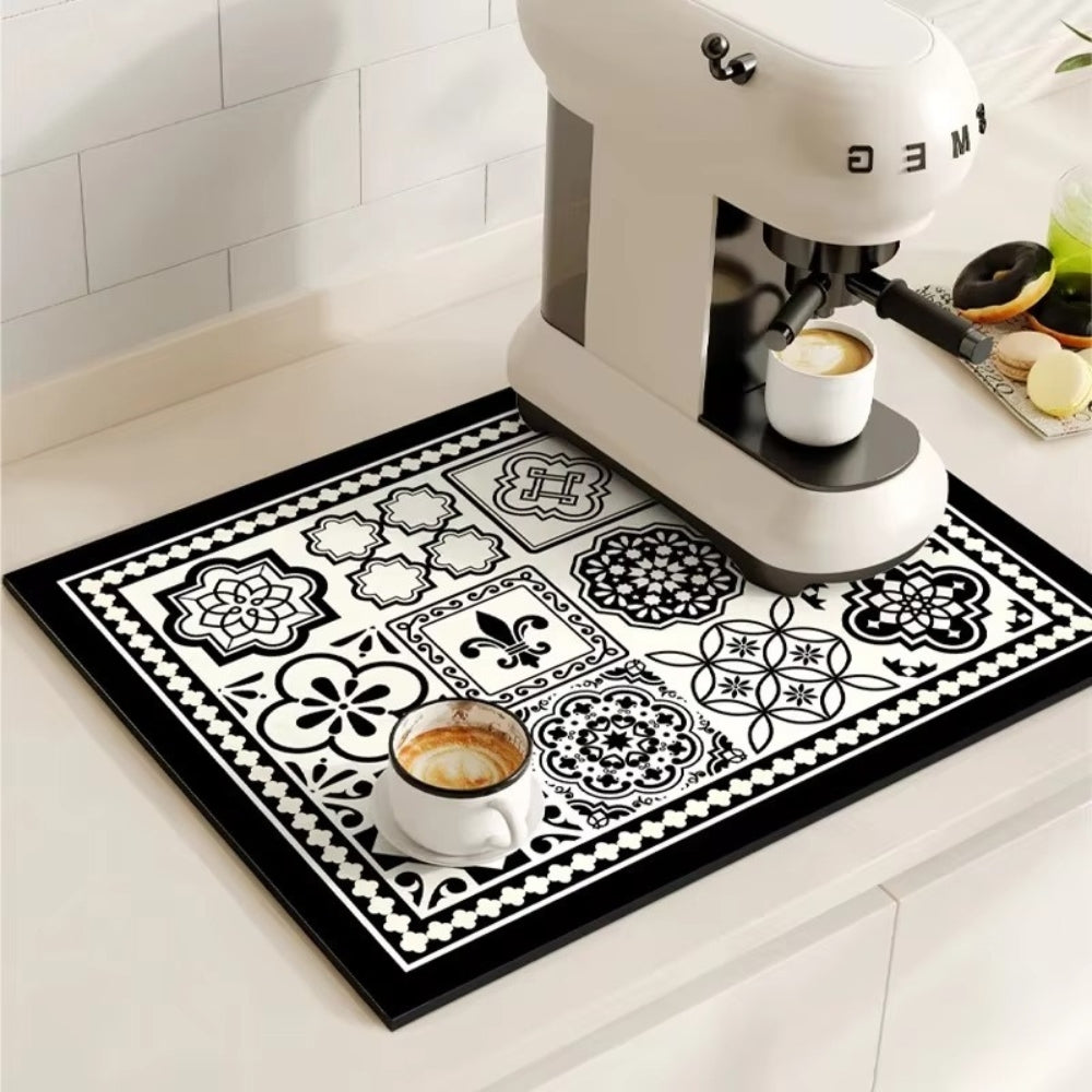 Retro Tile Coffee Bar Drying Mat - Absorbent & Non-Slip