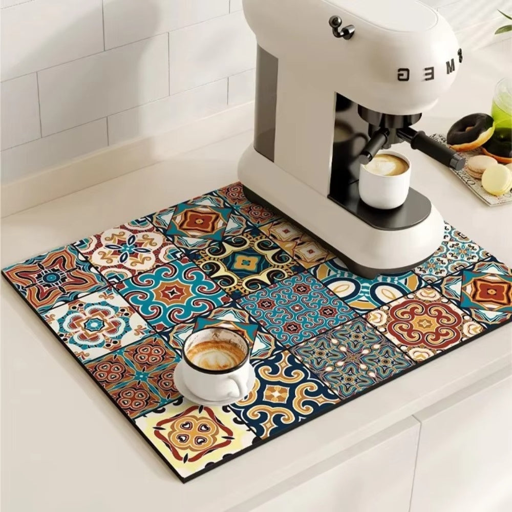 Retro Tile Coffee Bar Drying Mat - Absorbent & Non-Slip
