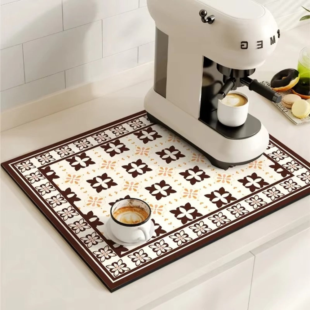 Retro Tile Coffee Bar Drying Mat - Absorbent & Non-Slip