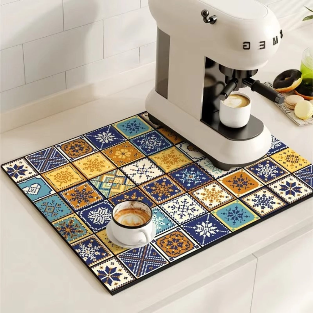 Retro Tile Coffee Bar Drying Mat - Absorbent & Non-Slip