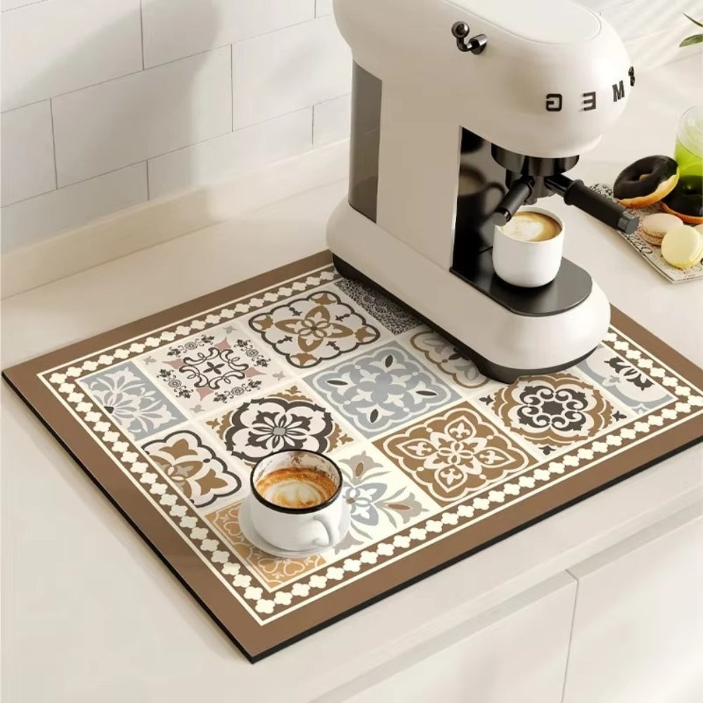 Retro Tile Coffee Bar Drying Mat - Absorbent & Non-Slip