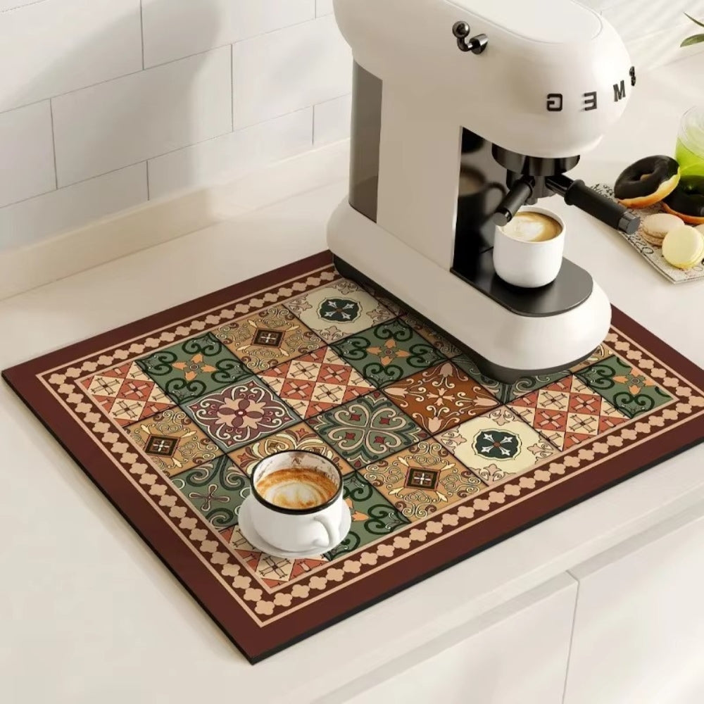 Retro Tile Coffee Bar Drying Mat - Absorbent & Non-Slip