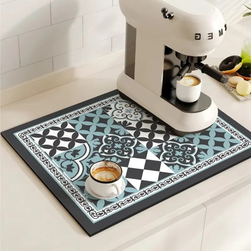 Retro Tile Coffee Bar Drying Mat - Absorbent & Non-Slip