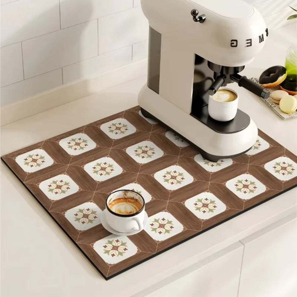 Retro Tile Coffee Bar Drying Mat - Absorbent & Non-Slip